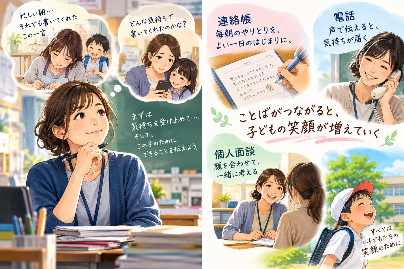 連絡帳を読みながら保護者の気持ちを考える先生と、連絡帳・電話・個人面談の場面のイラスト