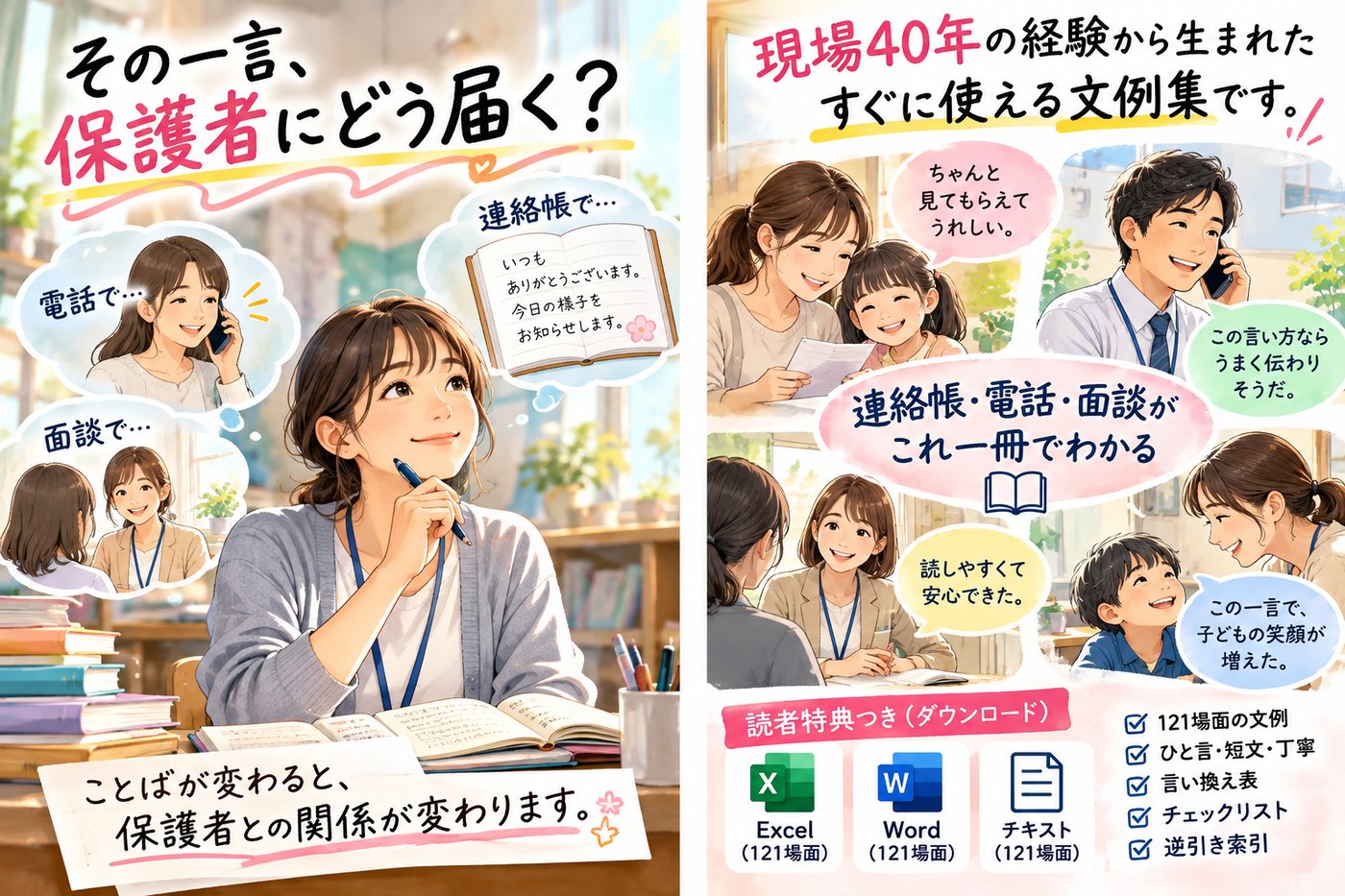 連絡帳・電話・面談の場面と、Excel・Word・テキストの読者特典を紹介するイラスト