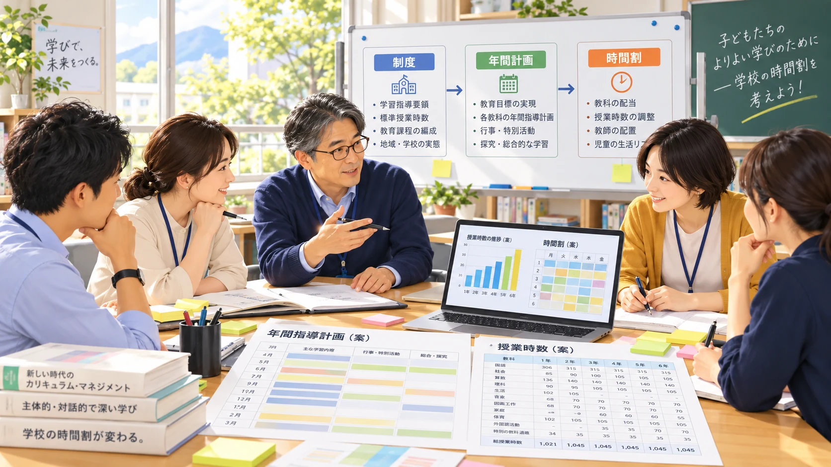制度・年間計画・時間割をつなげて検討する教職員の校内会議のイメージ