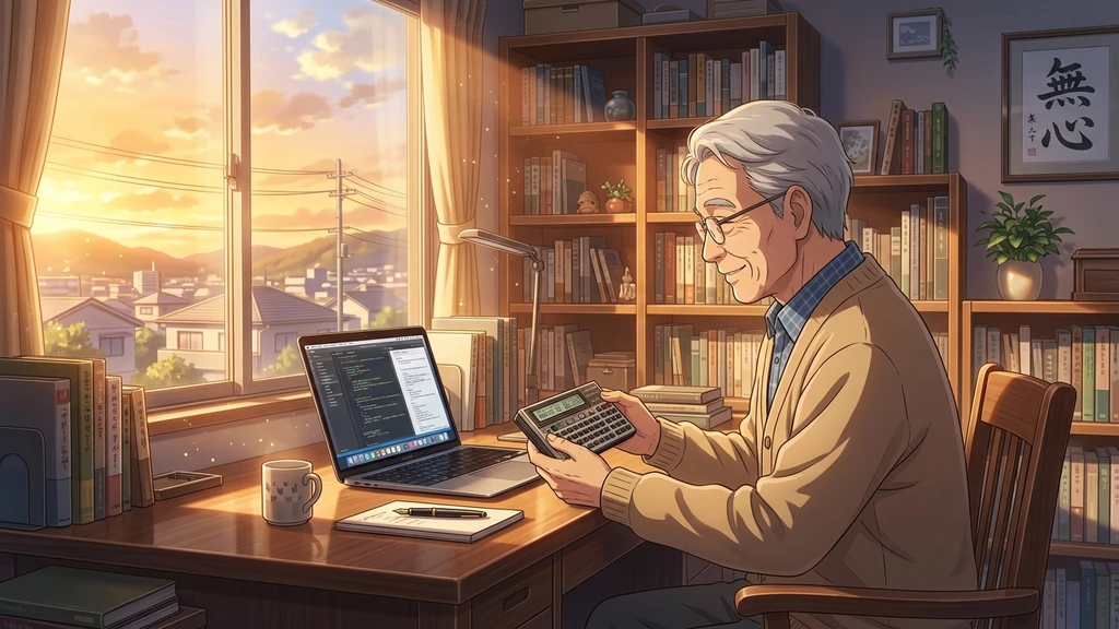 夕暮れの書斎で、現代のノートPCの傍らに懐かしいPB-100を置き、穏やかに微笑む現在の磐田井