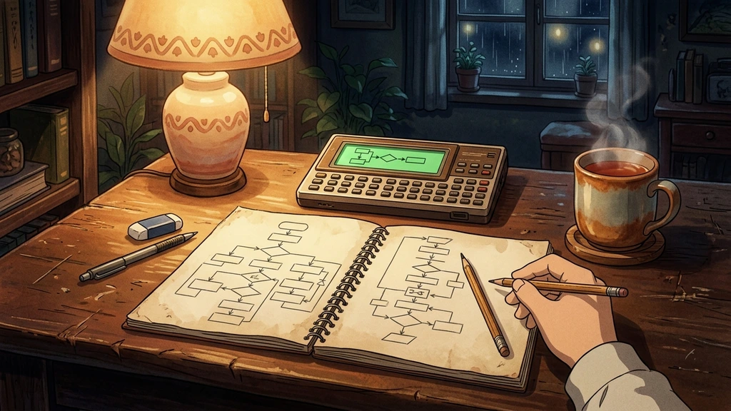 1行12文字の液晶画面とノートに書かれた手作りの手順（フローチャート）