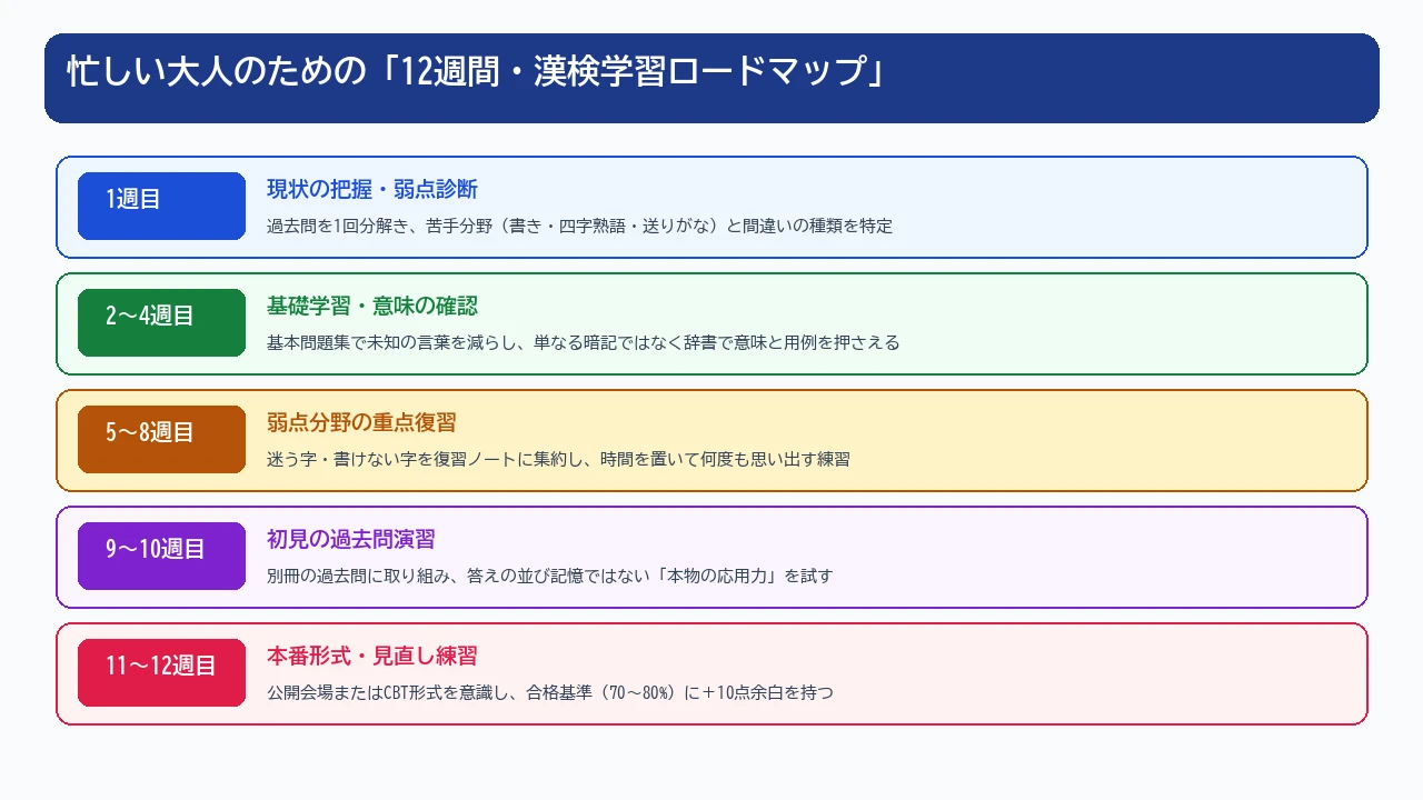 忙しい大人のための12週間・漢検学習ロードマップインフォグラフィック