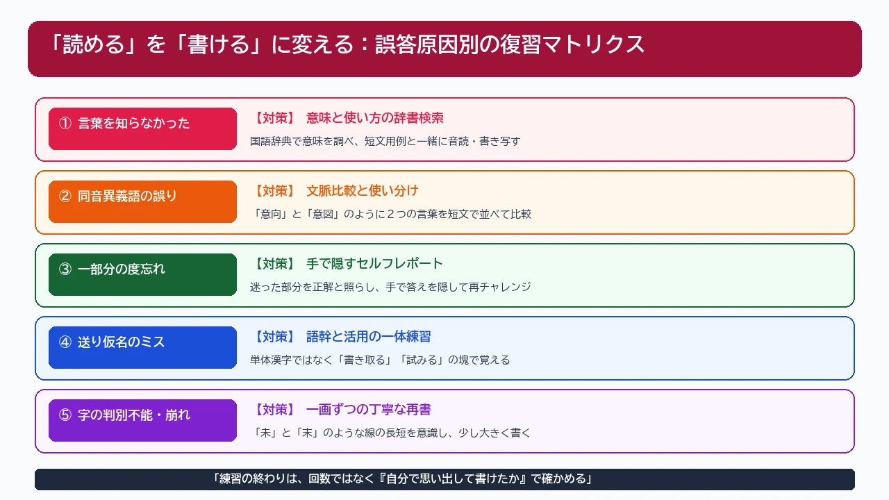「読める」を「書ける」に変える誤答原因別の復習マトリクス図解