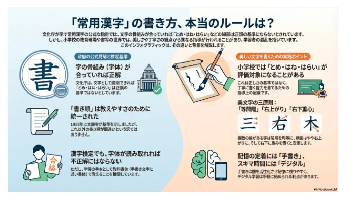 常用漢字の書き方と本当のルール解説インフォグラフィック（文化庁ガイドラインと検定基準）