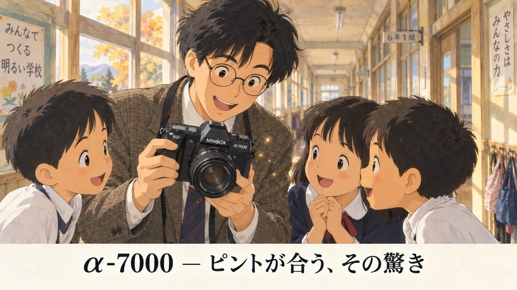 α-7000 ― ピントが合う、その驚き（教室で子どもたちとカメラを囲む様子）