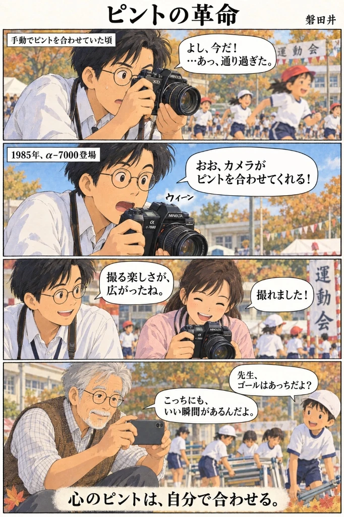 4コマイラスト「ピントの革命」文・絵 磐田井（手動からAF、そして心のピントへ）