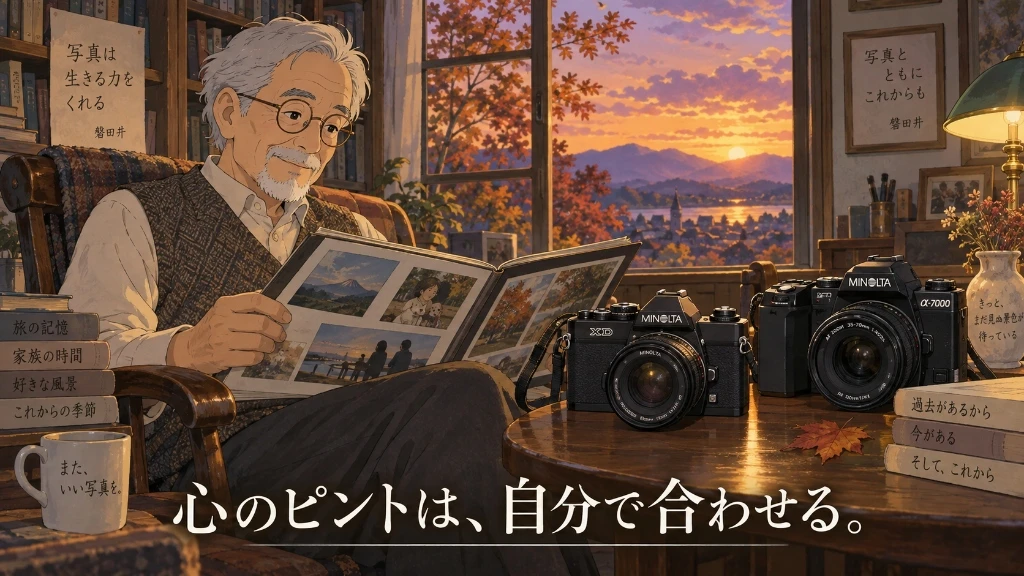 心のピントは、自分で合わせる。（夕暮れの書斎でアルバムを広げ、XDとα-7000を眺める磐田井）