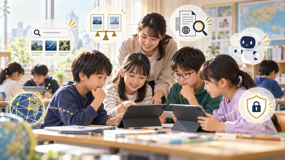 小学校の情報の領域で、児童がタブレットを使い情報を調べ、比べ、吟味している様子