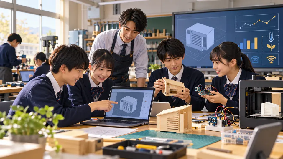中学校の情報・技術科で、CAD、3Dプリンタ、センサー、プログラムを組み合わせて学ぶ生徒たち