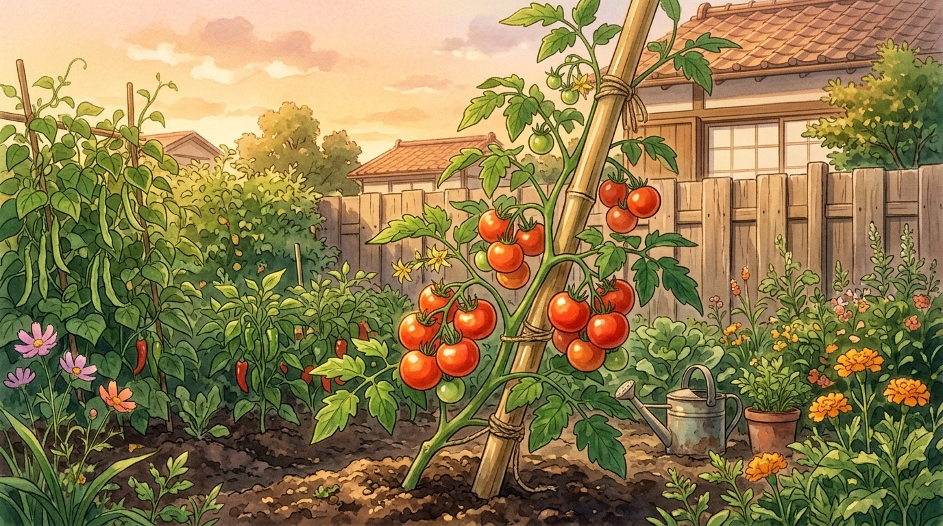 夕暮れの菜園で力強く育ち、赤い実をつけた斜めのトマト（自然の成長を見守る象徴）