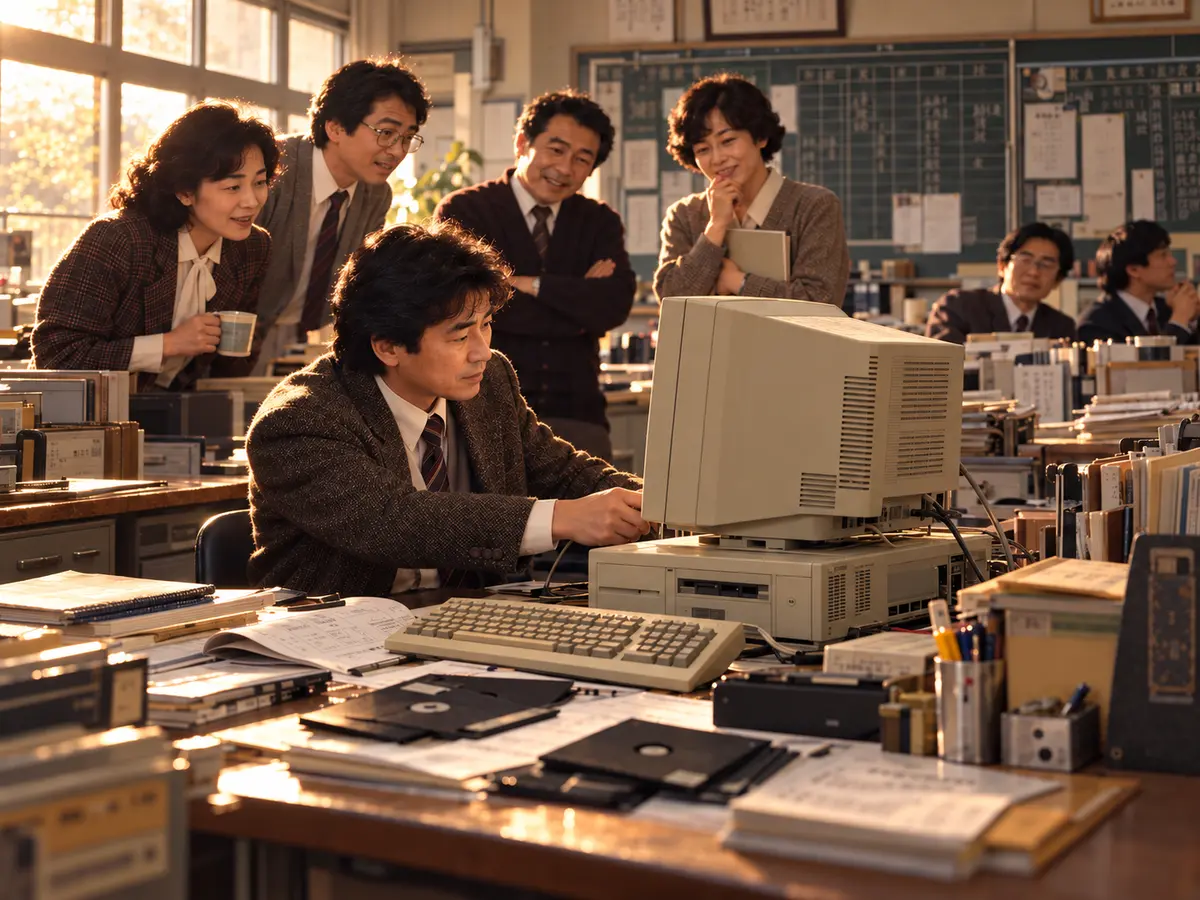 学校に十分なPCがない時代、職員室へ私物PCを持ち込んで使い始めた様子を表したイメージ