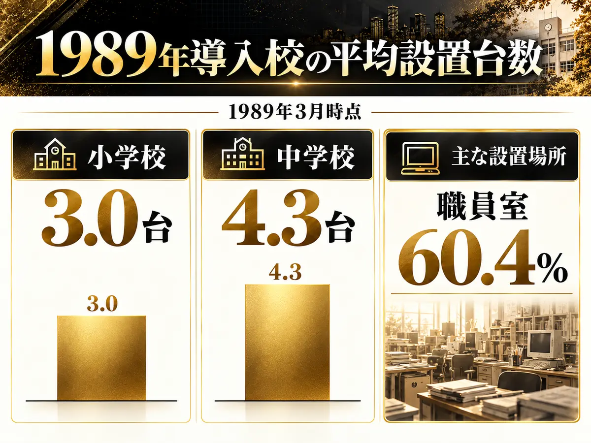 1989年3月時点。導入校の平均設置台数は小学校3.0台、中学校4.3台。主な設置場所は職員室60.4%