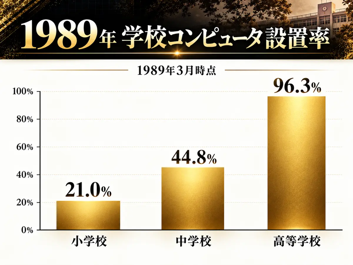 1989年3月時点の学校コンピュータ設置率。小学校21.0%、中学校44.8%、高等学校96.3%