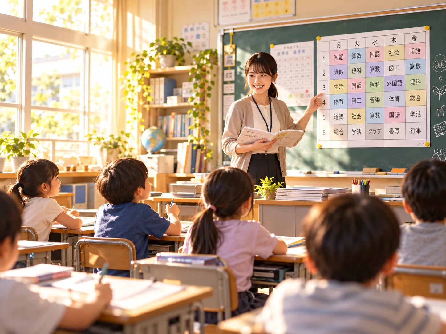教室で時間割を示しながら授業を進める先生と子どもたち