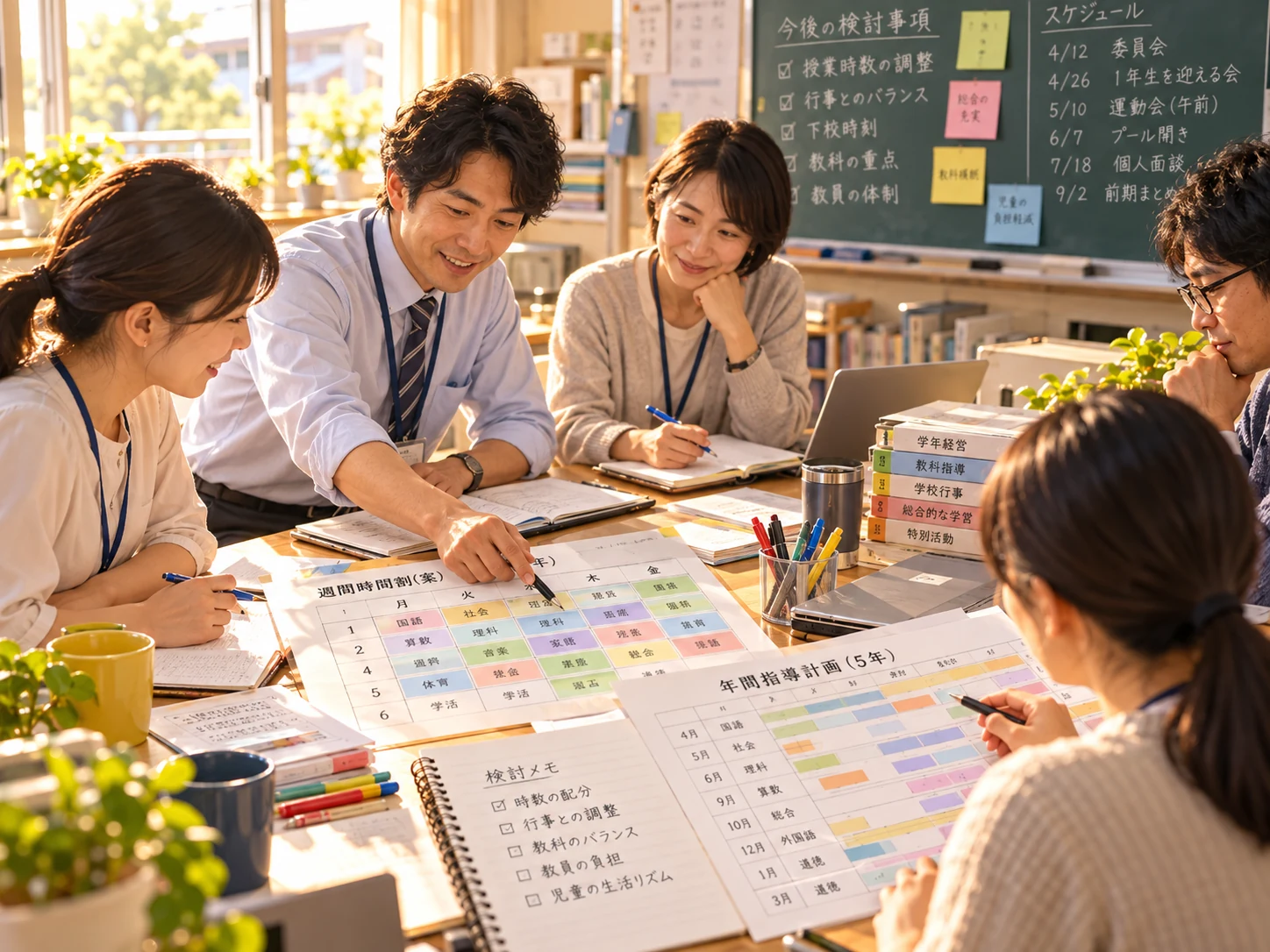 先生たちが時間割と年間指導計画を囲んで話し合う教員会議
