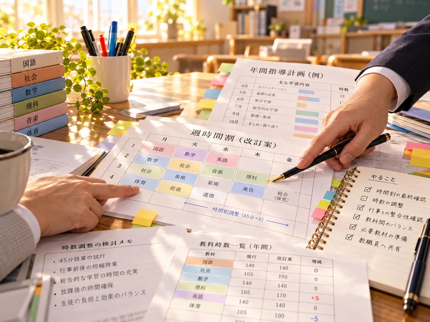 年間指導計画と週時間割を見ながら授業時数を検討する場面