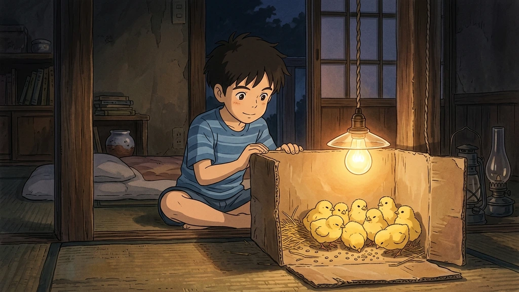 夕暮れの部屋で、箱の中の白熱電球の温もりに寄り添う黄色いひよこたちとそれを見守る少年