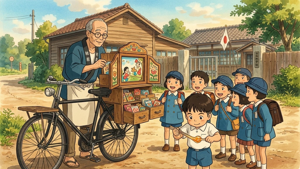 昭和30年代、自転車の荷台の紙芝居舞台とおじさん、水あめを練る子どもたち