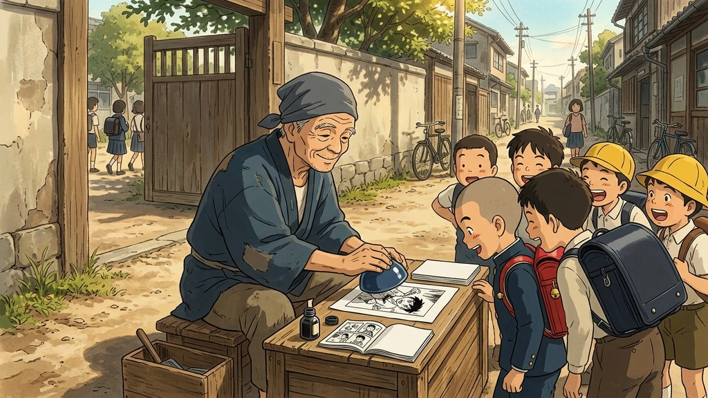 茶碗の底で紙を強くこすり、漫画の絵を写し取る不思議な実演に見入る子どもたち