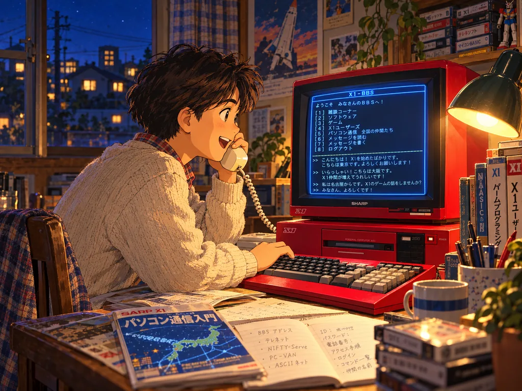 夜の部屋で電話回線につないだX1の画面に並ぶ掲示板のメッセージを読み、遠くの仲間との交流を楽しむ若き日の磐田井