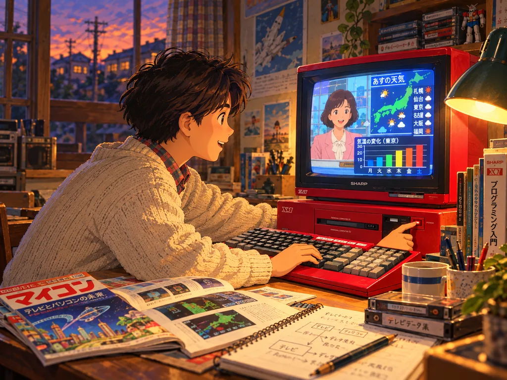 夕暮れの部屋で、赤いX1のディスプレイに映るテレビの天気予報を見ながらキーボードに手を置く若き日の磐田井