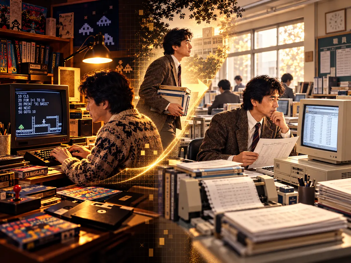 X1でのBASIC・ホビー利用から、学校の職員室で98互換機を実務利用する時代への移行を表した図